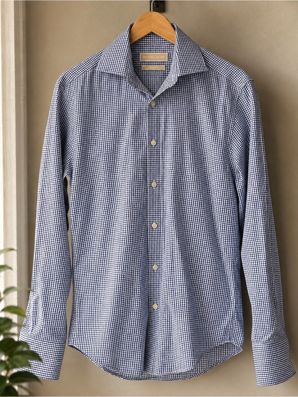Michael Kors Navy and White Micro-Check Dress Shirt